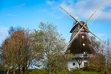 Image showing Traditional wooden windmill in a lush garden