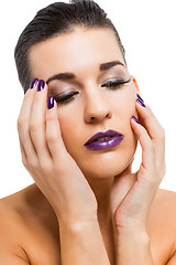 Image showing Graceful attractive woman with purple lips and nails