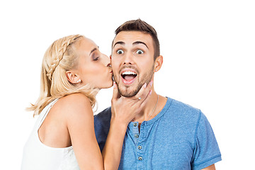 Image showing young smiling couple in love portrait isolated