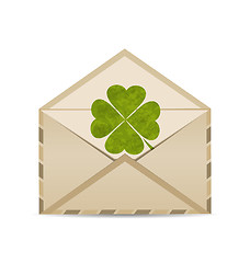 Image showing Old envelope with clover isolated on white background for St. Pa