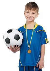 Image showing Boy in ukrainian national soccer uniform