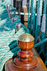 Image showing Blocks and rigging at the old sailboat, close-up