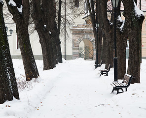 Image showing The park brought by a snow in the center of Riga