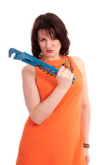 Image showing woman with blue wrench