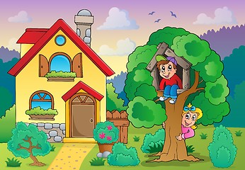 Image showing Children playing near house theme 2