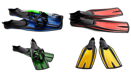 Image showing Set of multicolored swim fins, mask and snorkel for diving