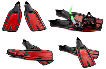 Image showing Set of red swim fins, mask and snorkel for diving