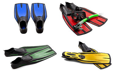 Image showing Set of multicolored swim fins, mask, snorkel for diving with wat