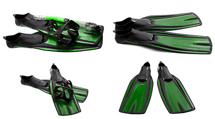Image showing Set of green swim fins, mask and snorkel for diving
