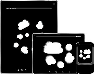 Image showing mobile smart phone and digital tablet pc with cloud on the screen