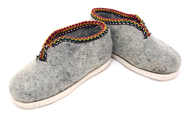 Image showing Handmade embroidered grey felt slippers