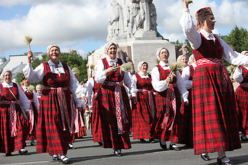 Image showing RIGA, LATVIA - JULY 07: People in national costumes at the Latvi