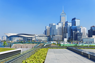 Image showing Hong Kong Victoria Harbor morning with urban skyscrapers over se