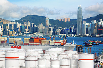 Image showing Oil Storage tanks with urban background in Hong Kong 