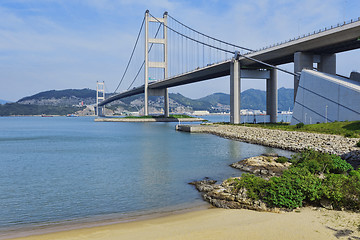 Image showing hong kong bridge, Tsing Ma Bridge and beach scenes in summer.