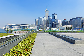 Image showing Hong Kong Victoria Harbor morning with urban skyscrapers over se