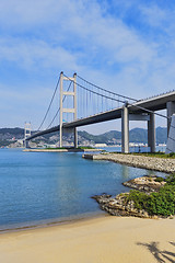 Image showing hong kong bridge, Tsing Ma Bridge and beach scenes in summer.