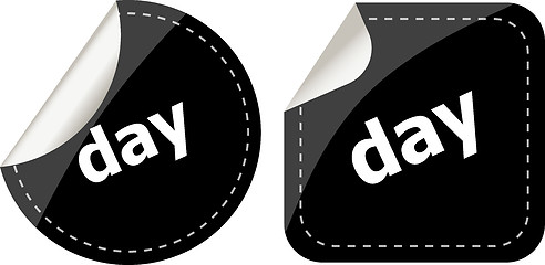 Image showing day word on black stickers web button set, label, icon