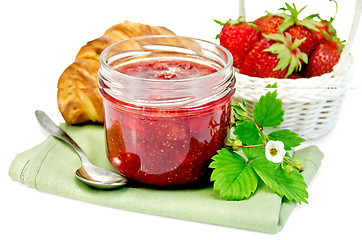 Image showing Jam of strawberry with a croissant