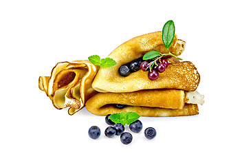 Image showing Pancakes with blueberries and cowberry