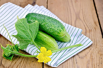 Image showing Cucumber with flower and doily on the board