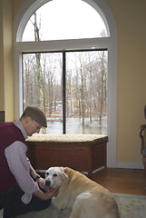 Image showing man and his dog in the living room flood in backyard