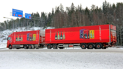 Image showing Red Scania Truck with Wine Trailers on the Road