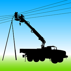 Image showing Electrician, making repairs at a power pole. Vector illustration