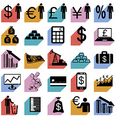 Image showing Collection flat icons with long shadow.  Finance symbols. Vector