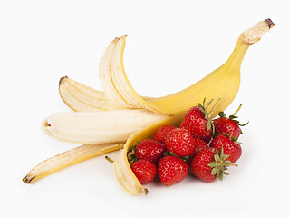 Image showing Open banana and strawberry