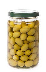 Image showing Green olives preserved in bank