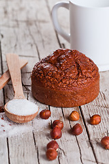 Image showing fresh baked browny cake, milk, sugar, hazelnuts