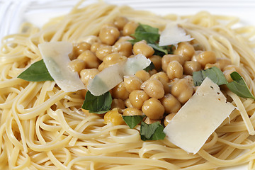 Image showing Bavette pasta and chickpeas meal closeup