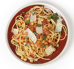 Image showing Spaghetti and chickpeas from above