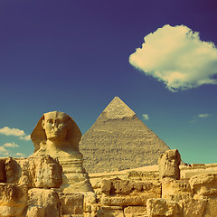 Image showing Cheops pyramid and sphinx in Egypt  - vintage retro style