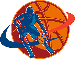 Image showing Basketball Player Dribbling Ball Woodcut Retro