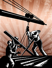 Image showing Construction Team Workers Woodcut Retro Poster 