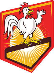 Image showing Rooster Cockerel Waving Hello Shield Cartoon