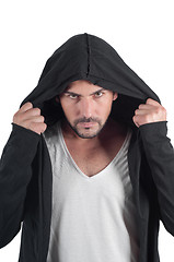 Image showing Portrait of a young angry man in the hood