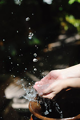 Image showing splashing fresh water on woman hands