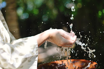 Image showing splashing fresh water on woman hands