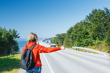 Image showing Hitchhiking travel man at the route