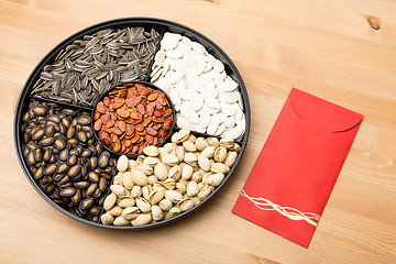 Image showing Assorted Snack tray and red pocket for Lunar new year 