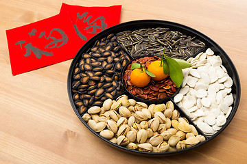 Image showing Chinese new year snack tray and chinese calligraphy, meaning for