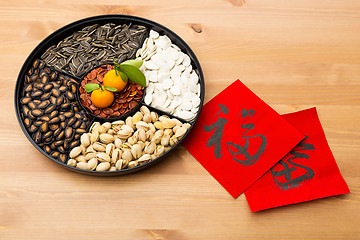 Image showing Traditional Lunar new year snack tray and chinese calligraphy, m