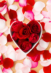 Image showing Red rose inside the heart shape bowl with pink petal beside