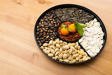 Image showing Chinese new year snack box and citrus fruit