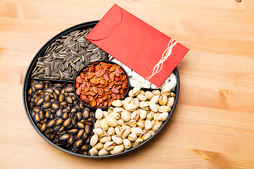 Image showing Assorted Chinese snack tray and red pocket for lunar new year