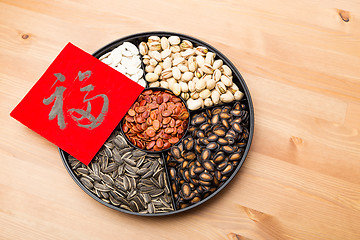 Image showing Assorted chinese sytle snack tray and chinese calligraphy, meani