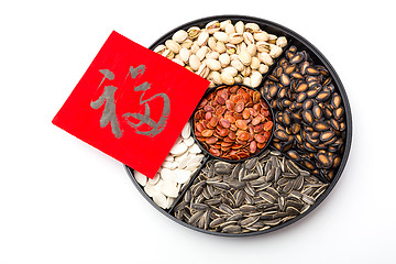 Image showing Chinese sytle snack tray and chinese calligraphy, meaning for bl